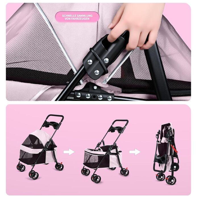 2в1 Візок для собак до 15 кг, буги для собак з тримачами для напоїв, переноска для собак, складаний, з гальмом, вагончик для собак, 48 x 68 x 95 см (Рожевий)