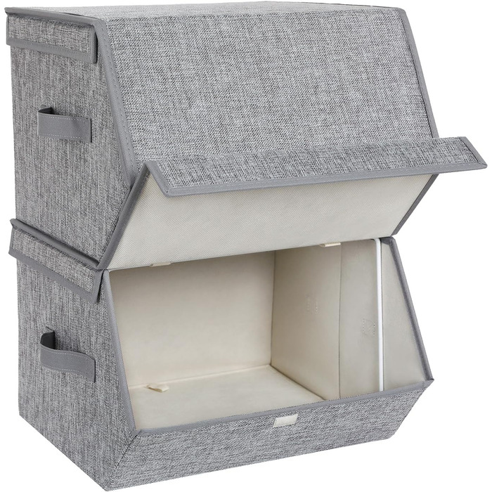 SONGMICS Storage Box, 2-Piece Set, Folding Box, Stackable Fabric Box with Magnetic Flip Lid, Metal Frame, 38 x 26.5/35 x 25, Grey-Beige RLB02GY