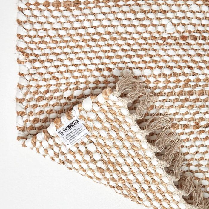 Homescapes Horizon Rug, handwoven from 100% hemp, 160 x 230cm, patchwork rug with herringbone pattern and fringe, cream natural 160 x 230 cm