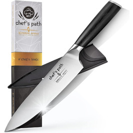 Кухонний ніж Chef's Path 20 см з німецької нержавіючої сталі — універсальний професійний ніж для м'яса, з ергономічною ручкою, чохлом і подарунковою коробкою, для різання та рубання
