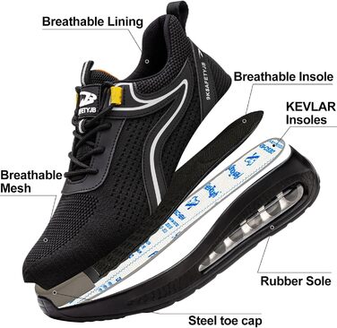 Черевики безпеки робочі чоловічі та жіночі S3, легкі, зі сталевим підноском, неслизькі, дихаючі, спортивні, робочі кеди (39 EU, чорний сріблястий)