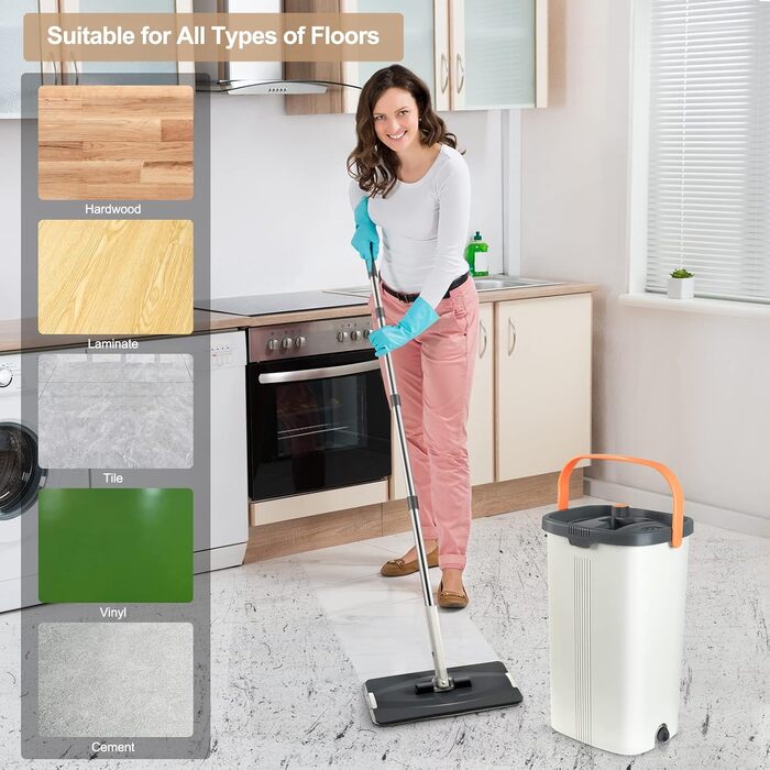 Моп для підлоги Jelymark з віджимом та ємністю для води, 3-камерний, для вологого та сухого прибирання, з 4 змінними насадками