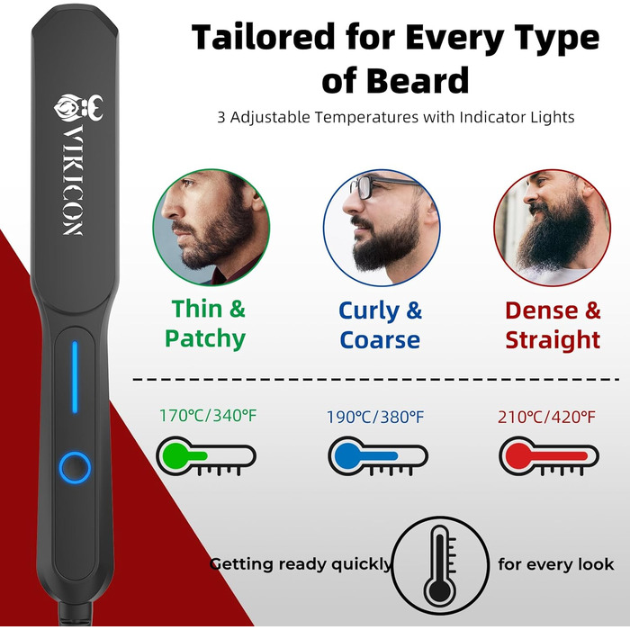 VIKICON Men's Beard Straightener Brush - Mini Pro Hair Straightener with Negative Ions, 3-Temp Settings, Portable & Fast for Beard & Hair Styling - Black