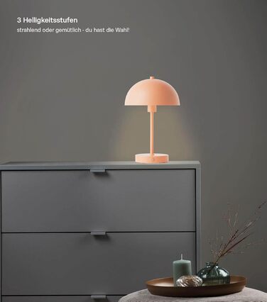 Mokebo® LED настільна лампа бездротова, акумуляторна, з регулюванням яскравості та USB-C, 'The Lighthouse', вінтажна лампа-горщик, грибний світильник, настільна лампа Taupe з металу з акумулятором, тепле біле світло (персикове)