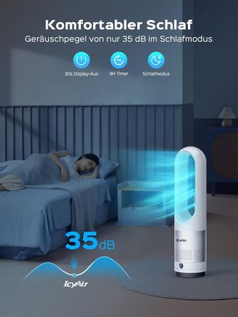 Турбовентилятор IcyAir з дистанційним керуванням, безлопатевий вентилятор 35 дБ, 90° гойдання, 8 швидкостей, таймер 9 годин, захист від дітей, LED-дисплей, тихий вентилятор для спальні, легко чистити, білий + сріблястий