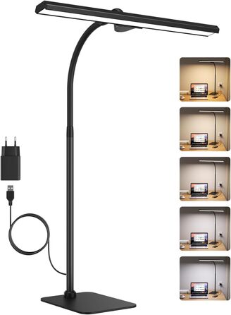 Стійка LED-лампа Kary з регулюванням яскравості, 40 см, 12 Вт, для офісу, роботи, читання, догляду за очима, дітям, 5 рівнів регулювання, 5 кольорів, таймер на 60 хвилин, чорна