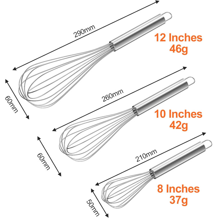 Набір вінчиків Newaner з нержавіючої сталі, 3 шт. (21 см, 26 см, 29 см) для змішування, збивання тіста, яєць, готування мусів. Якісні вінчики для кухні, їдальні, срібного кольору.