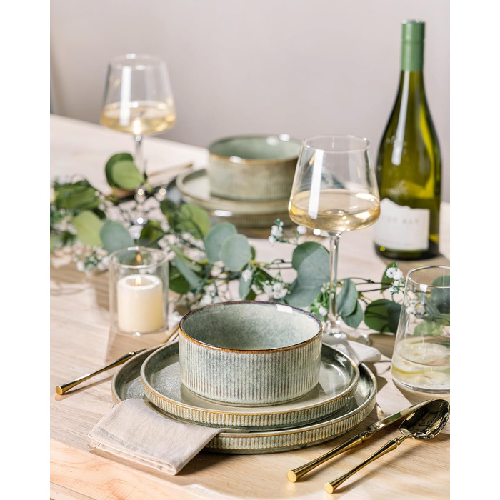 Набір посуду GBhome з реактивної глазурі для 6 осіб (18 предметів), ручна робота, керамічний посуд, безпечний для мікрохвильової печі та посудомийної машини, набір тарілок та мисок, колір Immergrün (Desret Salbei)