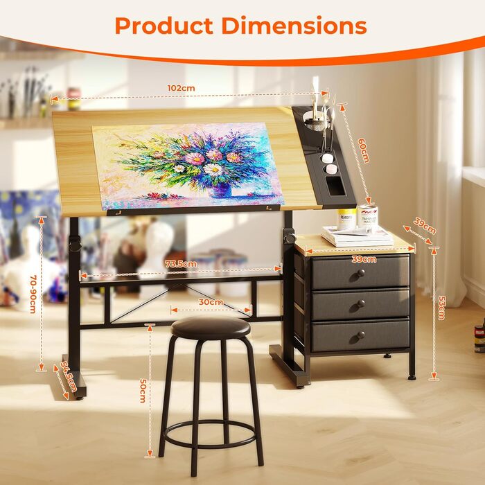 Adjustable Drafting Table with Tilt - 0-60° - Includes Stool & Storage - Wood Finish for Home & Office