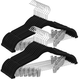 SONGMICS Velvet Clothes Hangers, 20-Piece Set, Skirt Hanger, 42.5 cm wide, with adjustable clips, non-slip, space-saving, for trousers, coats, dresses, black CRF012B20