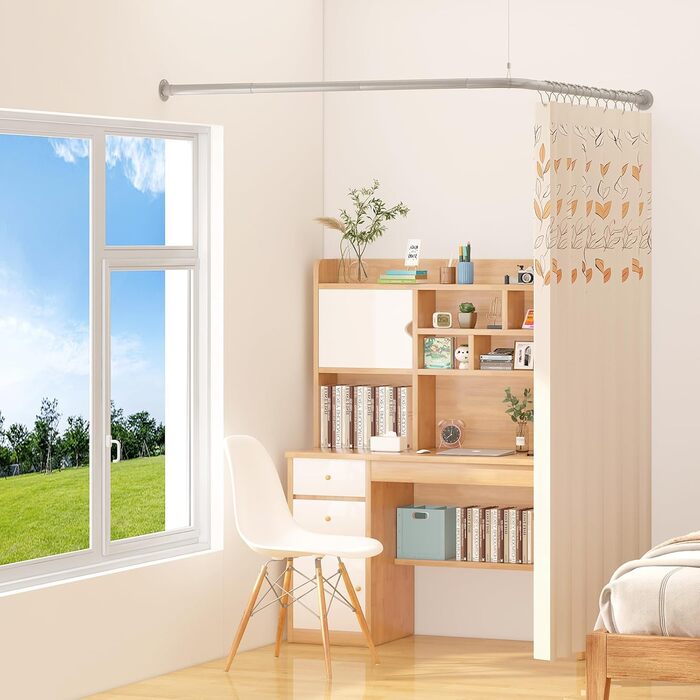 Кутова штанга для душової кабіни L-подібної форми, регульована, з 12 гачками та підставкою для стелі, срібна (99,1 см – 215,3 см)