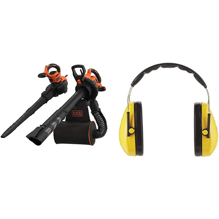 Black+Decker 3,000 W Leaf Blower and Fan BEBLV300 with Shredder and 72 l Collection Sack-Backpack + 3M Peltor Optime I Earmuffs, with adjustable head band for noise up to 98 dB - SNR 27