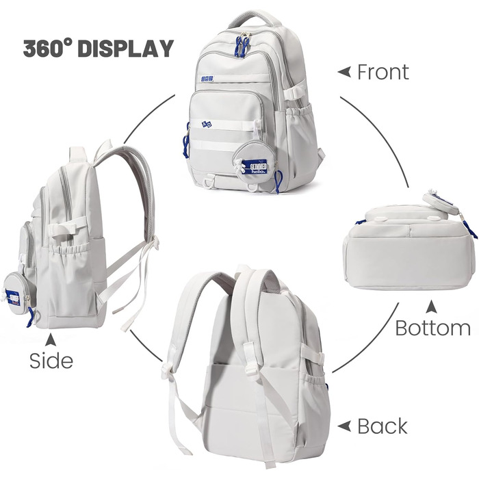 Шкільний рюкзак для дівчаток-підлітків, водонепроникний, легкий, великого об'єму, модний рюкзак для школи або подорожей (світло-сірий)