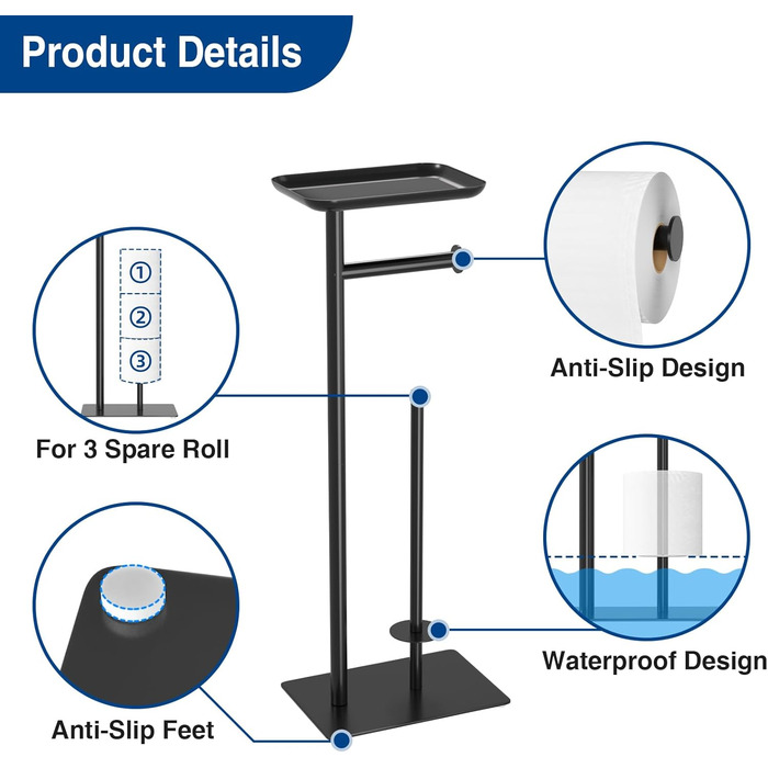 Настінний тримач для туалетного паперу з полицею, чорний, з місцем для 4 запасних рулонів, нержавіюча сталь