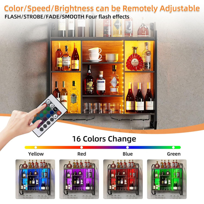 Настінна вітрина для вина з LED-підсвіткою 90x90 см з металу та MDF. Полиці для вин з тримачами для келихів. Регульована полиця для бару, винного підвалу, кухні.