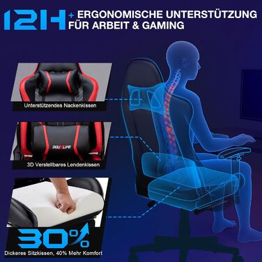 Ігровий крісло Douxlife з 7-точковим масажем, підніжкою, ергономічний офісний крісло, регулювання спинки 90-175°, регульовані 2D підлокітники, для ПК, 150-180 кг, чорно-червоний