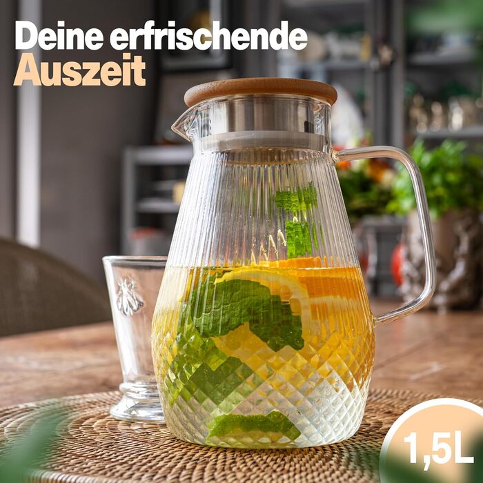 Water Carafe I 1.5 Liter I Reinforced Glass Thickness I Carafe Suitable for Hot & Cold Drinks I Drip-Free Spout I Modern Glass Carafe I Glass Teapot I Robust Glass Carafe with Lid