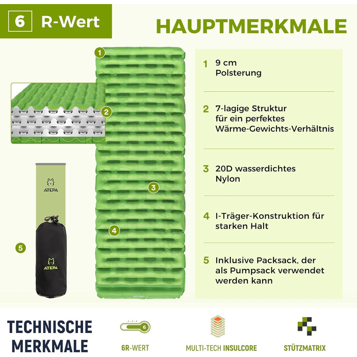 ATEPA ThermAir ізомат для кемпінгу та трекінгу, 6R, R-значення 6.6, 7 камер, компактний, з сумкою, 9см товщина, 9см зелений