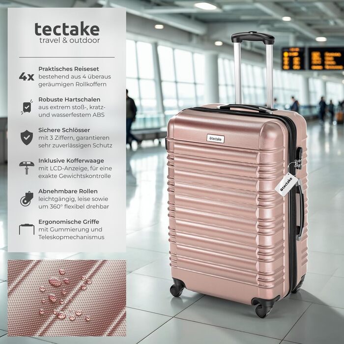 Набір валіз Tectake® 4 шт. з ABS-пластику, рожевого кольору, з колесами, телескопічним ручками та замками, включає ваговою та аксесуарами для валіз (S-M-L-XL)