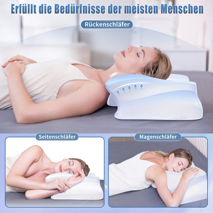 Подушка для шиї SAHEYER з Memory Foam, ортопедична, ергономічна, для сну на боці, біла, 60 x 35.5 x 10/13 см