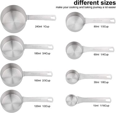 Stainless Steel Measuring Cups and Spoons Set, 8 Piece Measuring Cups, 9 Piece Spoons, 1 Leveler, 1 Conversion Chart for Stainless Steel Measuring Cups, 18/8 (304)