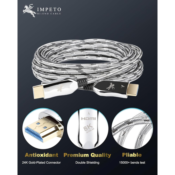 HDMI кабель Impeto Audiophile 8K 2.1 Glasfaser, 48Gbps, 1м, підтримка 8K 60Hz, 4K 120Hz, Dynamic HDR, 3D, сумісний з PS5, ноутбуками, TV, Blue ray