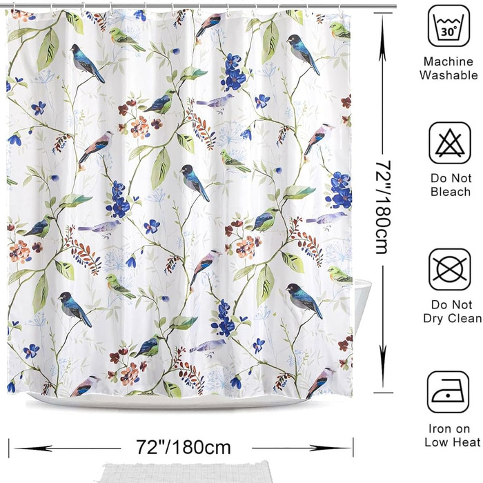 Штора для душу 180x180 см з квітами, антигрибкова, водонепроникна, швидковисихаюча, поліестер, з 12 кільцями (пташки)