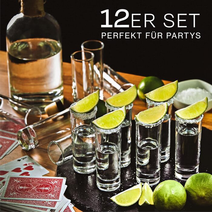 12 Shot Glasses, Tall, Made of Glass, 5cl - Dishwasher Safe - Stable thanks to thick base - Shot glasses for every party