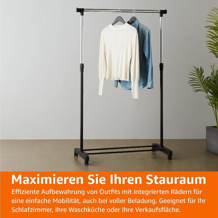 Amazon Basics Wardrobe with Two Shelves, White, ((91.5-145) x 42 x (134-161) cm (L x W x H), Chrome)