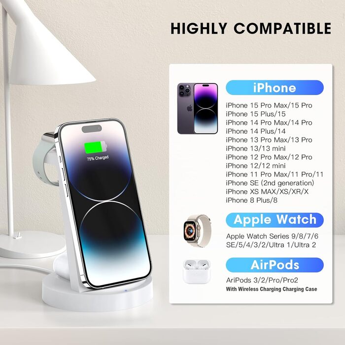 Зарядний станція 3 в 1 для iPhone з бездротовою зарядкою - сумісна з iPhone 16, 15, 14, 13, 12, 11, X, Pro, Max та Apple Watch, AirPods. 18W адаптер в комплекті.