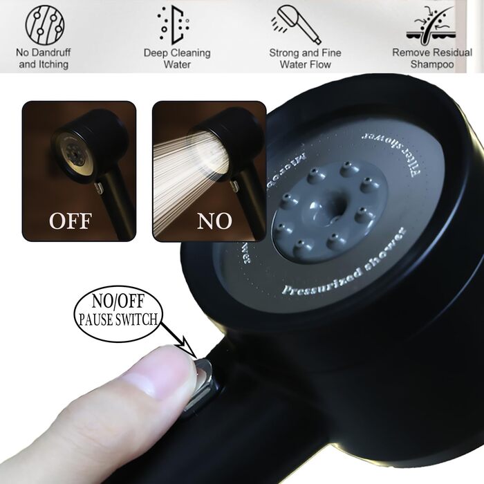 YOUMEIYUAN High-Pressure Shower Head with Handheld Shower, 4 Spray Modes, Water-Saving, Includes Hose, Holder, and Cotton Filter, Pink (Black)