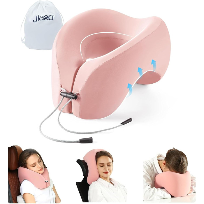 Подушка для шиї Jiaao для подорожей, 100% меморі фоам, рожева, ортопедична подушка для літака, поїзда, авто, для дорослих
