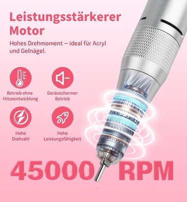 Електричний фрезер для нігтів Ziweo з LED дисплеєм, 45000 об/хв, для манікюру та педикюру, для гелю, акрилу, акригелю, Shellac