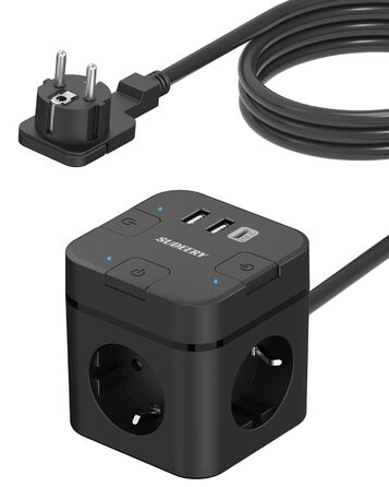 Багатофункціональний розподільник розеток 6 в 1 з USB-C, 3 розетки, індивідуальне вмикання, плоский штекер, кабель, 1 USB-C, для офісу, дому, подорожей (2м, чорний)