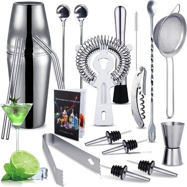 Набір шейкер для коктейлів, нержавіюча сталь, 20 предметів. Професійний набір для приготування коктейлів, 750 мл. Ідеальний подарунок для барменів та любителів коктейлів. Набір для домашнього бару та вечірок.