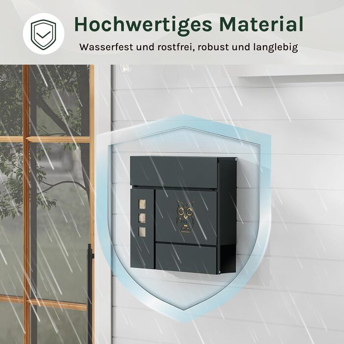 Поштова скринька WOLTU XXL з газетницею, оглядовим вікном, замком та 2 ключами, антрацит+жовтий (10,5x37x37 см)