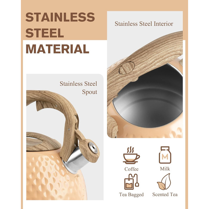 Чайник для заварювання Teekessel 2,7 л з зеленим покриттям та дерев'ястим малюнком, з носиком, з нержавіючої сталі, антигарячий ручка оливкового кольору