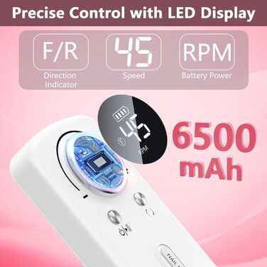 Професійний портативний фрезер для нігтів 45000 об/хв з LCD-дисплеєм - для акрилу та гелю, 11 насадок, рожевий/білий