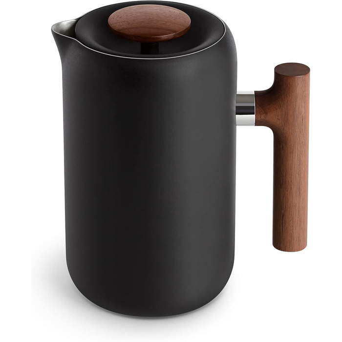 Fellow Clara Insulated French Press – Portable Stainless Steel Coffee Press, Insulated Hand Press, Matte Black with Walnut, 680g Carafe