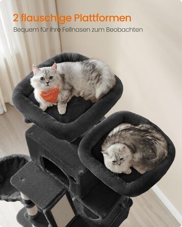 Когтеточка для котів Feandrea XXL, 168 см, з 13 стовпчиками, 2 платформами, 2 печерами, гамаком та іграшками, PCT165G01 (чорний)