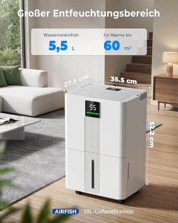 Осушувач повітря Airfish 30 л/добу, Smart WiFi, резервуар 5.5 л, з таймером та авторозморожуванням для дому, ванної та спальні