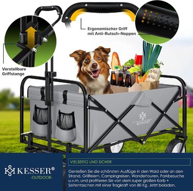 KESSER® Folding Bollerwagen (Hand Cart, Transport Cart) - Max. 150kg Load Capacity & 360° PVC Tires - Utility Wagon including 2 Mesh Bags, Side Pocket & Cover - Transport Cart, Garden Trailer without Roof, Blue (Grey / Black)