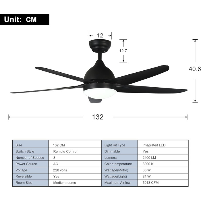 Стеляний вентилятор FINXIN з LED-лампою 132/122 см для спальні, вітальні, їдальні. Включає мотор, пульт керування (5 лопатей, чорний)