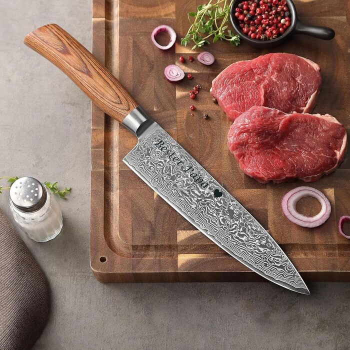Wakoli EDIB Pro ніж кухарський з дамаської сталі (серцевина VG10) з 20 см лезом – гострий та збалансований – ніж з дамаської сталі з ручкою з паккавуду в подарунковій коробці – ніж кухарський з дамаської сталі для професійних та аматорських кухарів (з гра
