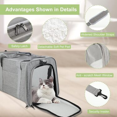 Транспортна сумка для тварин: складана переноска для кота та собаки, сірого кольору. Легка переноска з регульованим плечовим ременем, дихаюча переноска для подорожей та авто.