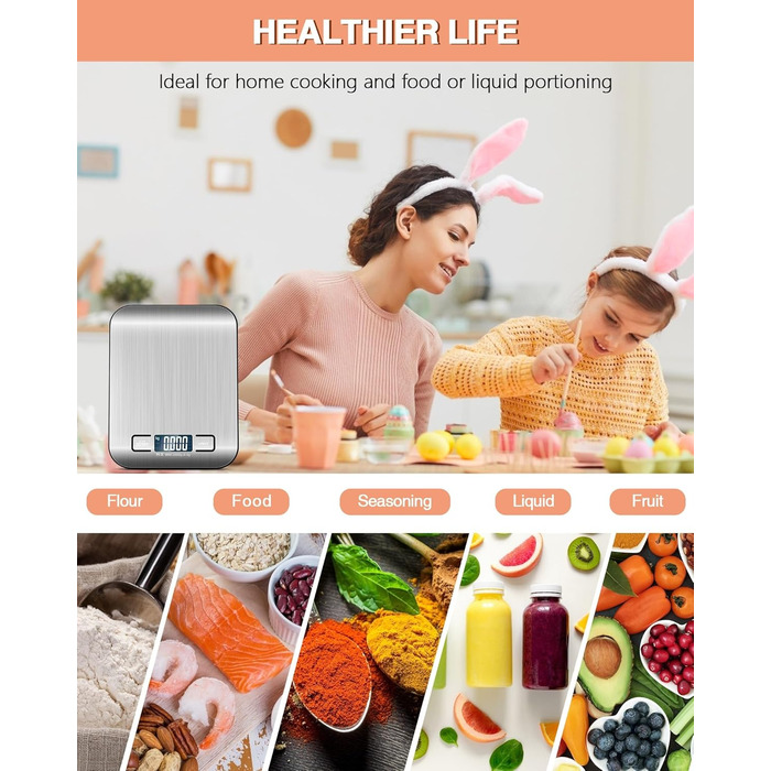 Цифрова кухонна вага 10 кг з LCD дисплеєм та функцією тарування, для випічки, приготування їжі та зважування ювелірних виробів, 1г, срібна, K1H