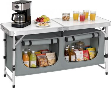 Складний алюмінієвий кемпінговий стіл WOLTU з регульованою висотою та полицями для зберігання, білий+сірий - для пікніка, пляжу, саду