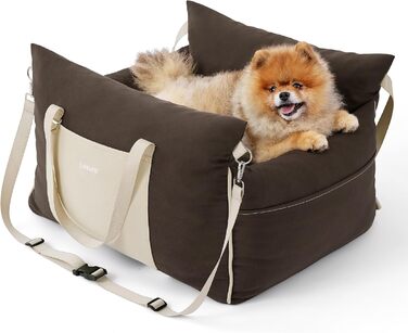 Pet Car Seat for Small Dogs - Waterproof and Washable Dog Car Seat with Storage Pockets, Detachable Safety Leash, and Thickened Memory Foam Filling, 58x56x33cm, (Brown)