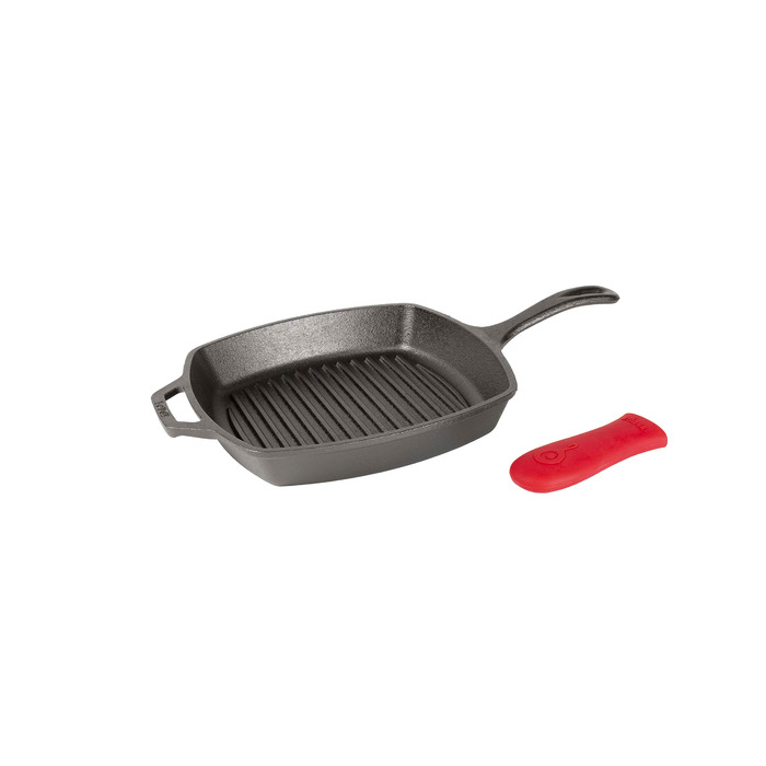 Чавунна гриль-сковорода Lodge L8SGP3ASHH41B з червоною силіконовою ручкою, попередньо оброблена, 26.7 см