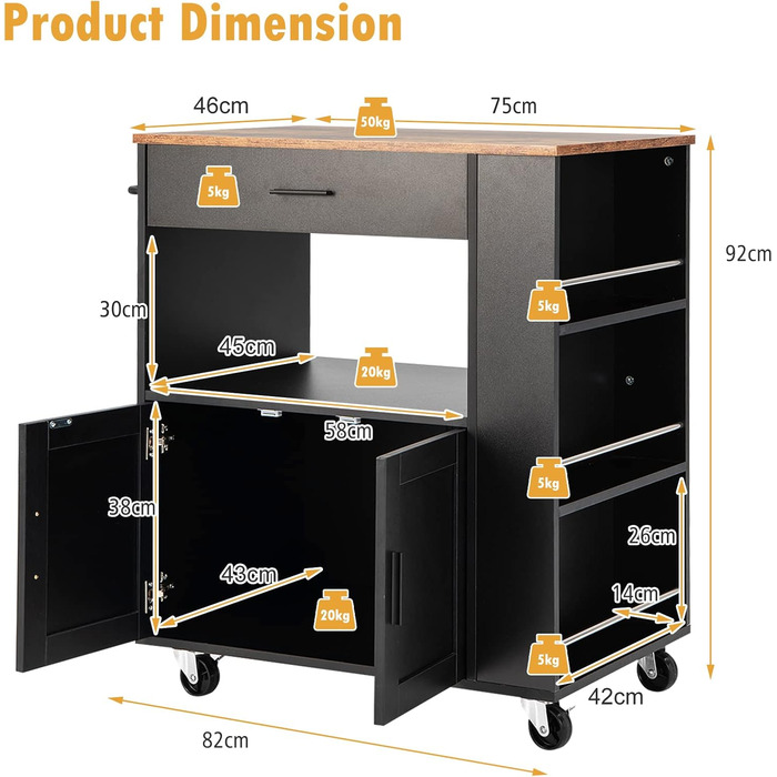 Giantex Rolling Kitchen Cart with Countertop - Kitchen Island with Storage, Mobile Kitchen Trolley with Drawer & 3 Shelves (White & Black)